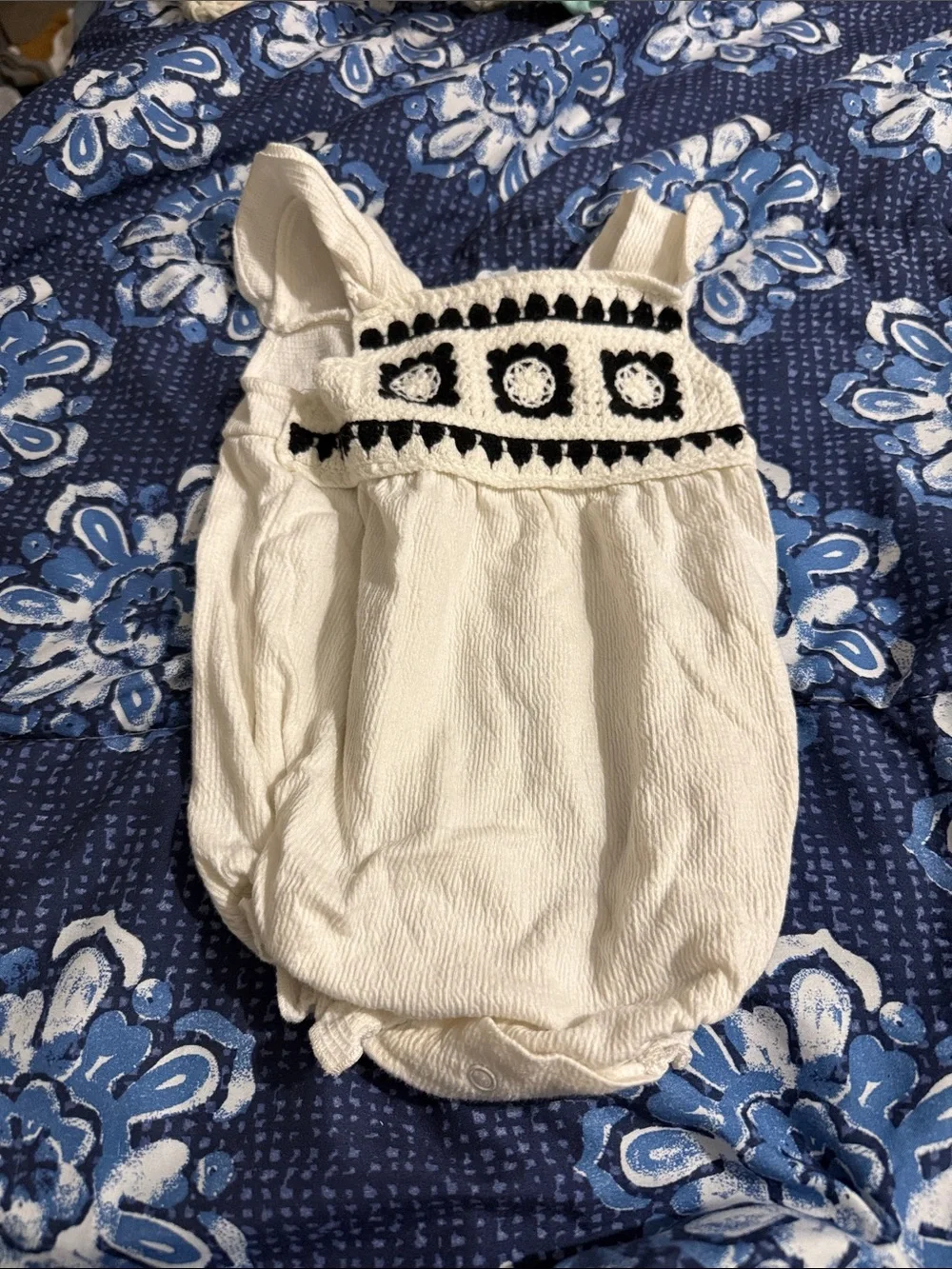 White Baby Romper with Black Crochet Detail